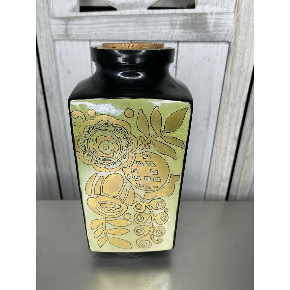 Vintage Hand Painted Ceramic Vase Metallic Floral Design 70s Green Black